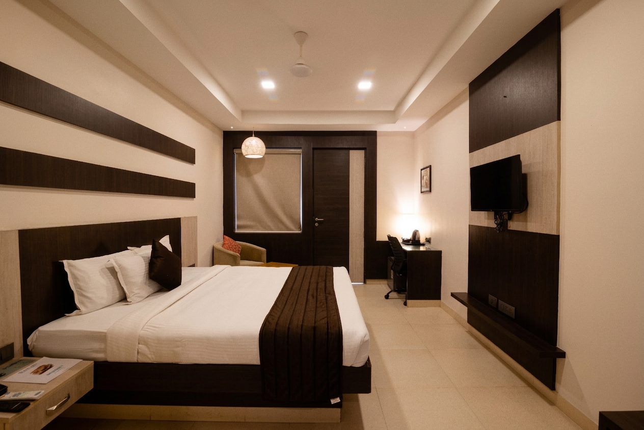 Premium Room warm bedroom view with bed, seating corner, TV, and work desk at D'Wayfarer Inn