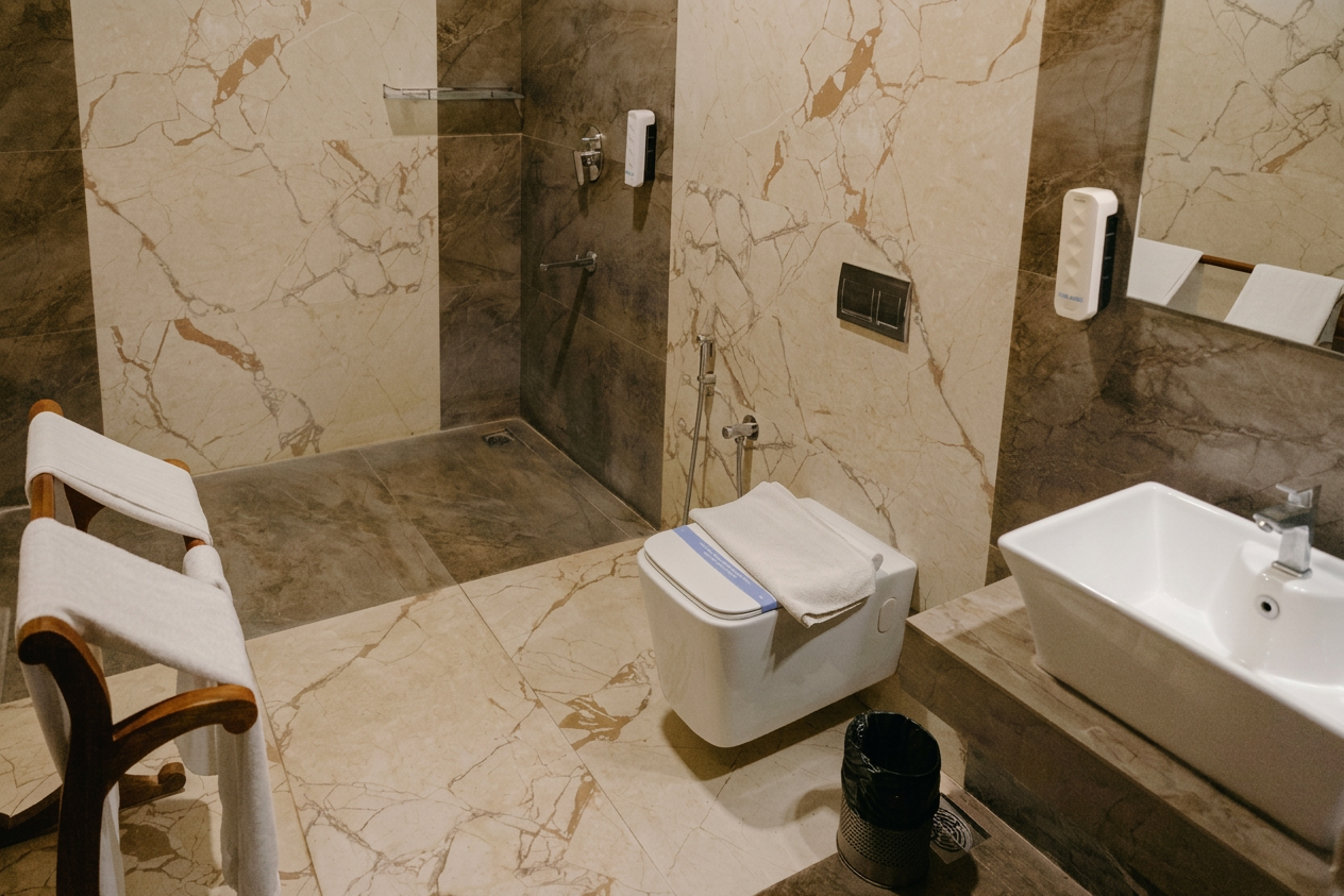 D'Ara Private Pool Villa bathroom with shower area, vanity, towels, and marble-finish walls at D'Wayfarer Inn