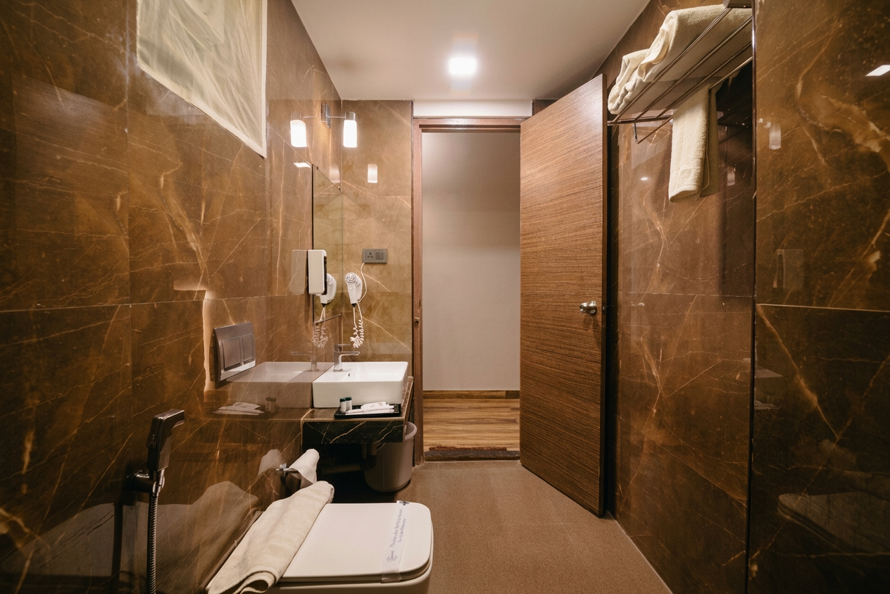 D'Ara Duplex Garden Villa bathroom with vanity, shower area, towels, and brown marble finish at D'Wayfarer Inn